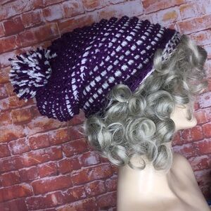 Purple and White Handmade Slouchy Crochet Winter Beanie Hat